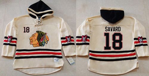 Blackhawks #18 Denis Savard Cream Heavyweight Pullover Hoodie Stitched NHL Jersey - Click Image to Close